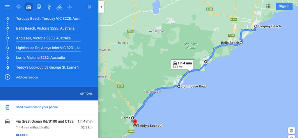Great Ocean Road Mappa Tappe Giorno 1 - percorso in auto da TORQUAY BEACH al TEDDY'S LOOKOUT
