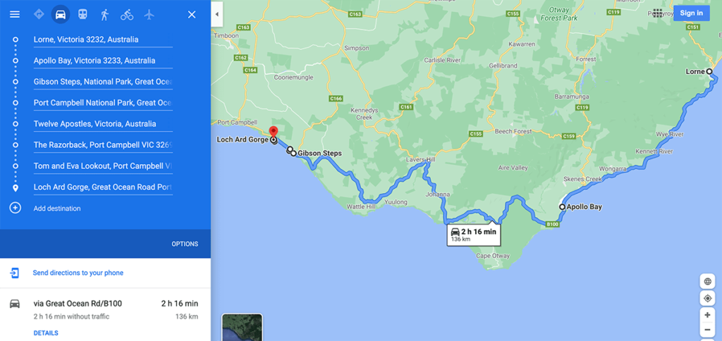 Great Ocean Road Mappa Tappe Giorno 2 - percorso in auto da  LORNE A LOCH ARD GORGE